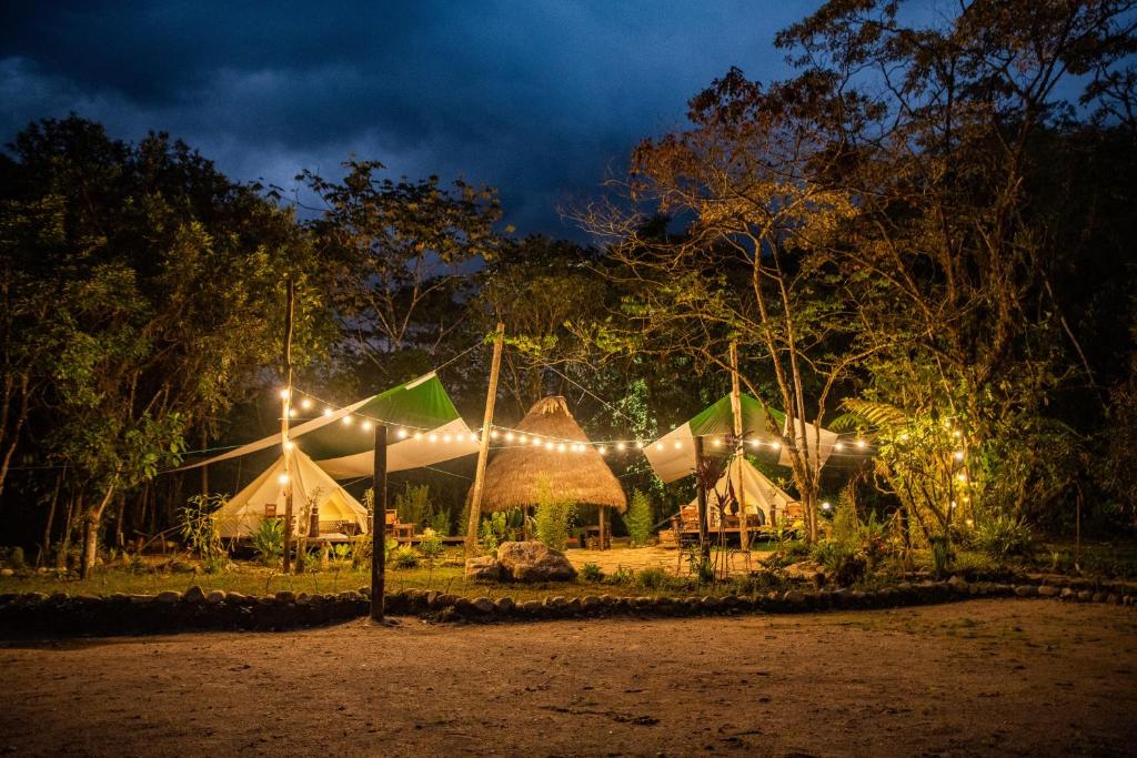 a group of tents with lights at night at Finca de la Vaca - Glamping & Camping in Mera