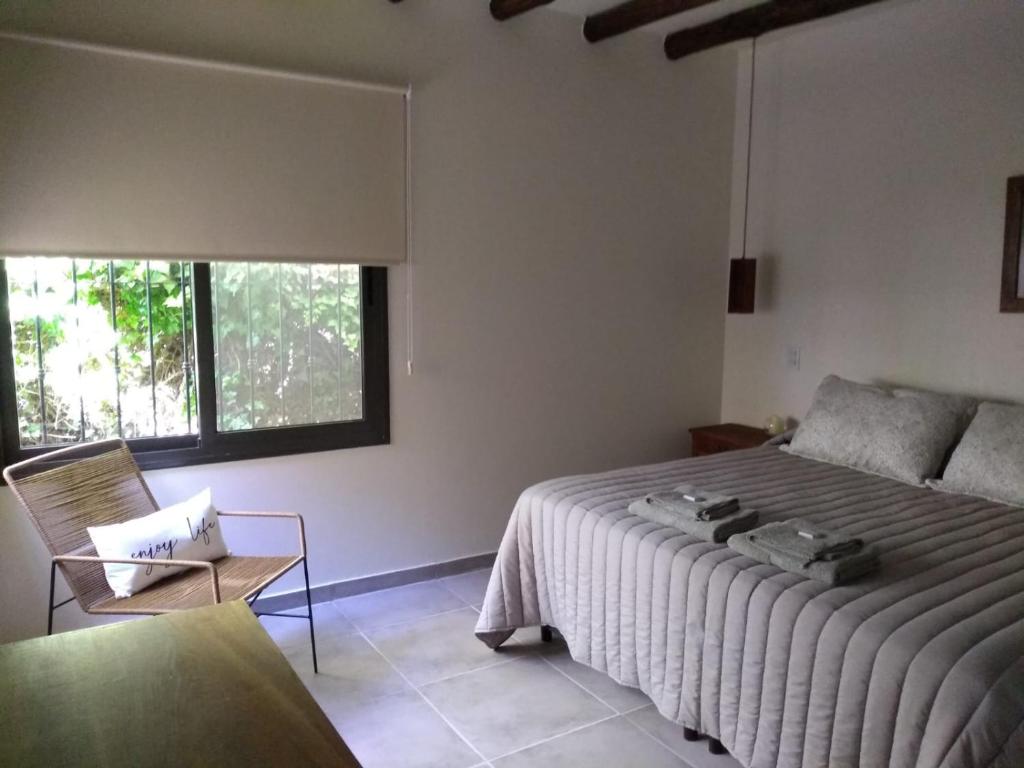 a bedroom with a bed and a chair and a window at Acogedor departamento Los Ranchos in Chacras de Coria