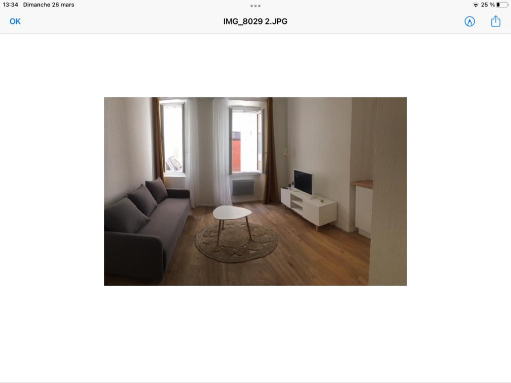 un salon avec un canapé et une table dans l'établissement T2 50 m de la mer quartier mourillon toulon, à Toulon