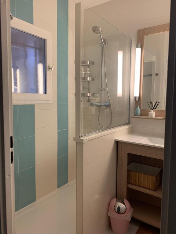 uma casa de banho com um chuveiro e um lavatório. em Studio climatisé avec piscine em Saint-Raphaël