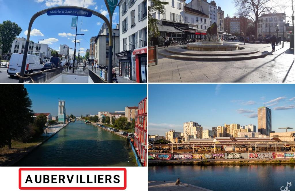 quatre images différentes d'une ville et d'une rivière dans l'établissement Auberwood - Cozy apartment near Paris !, à Aubervilliers