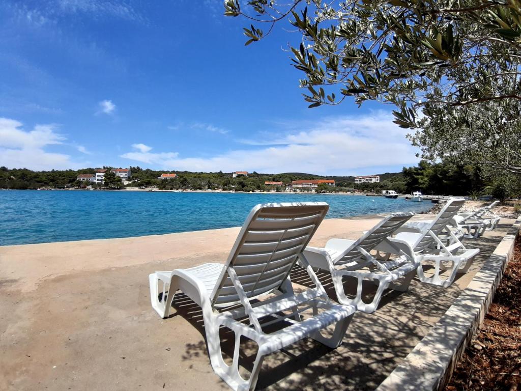 una fila de sillas de jardín sentadas en una playa en Trim Rooms and Apartments, en Lovište