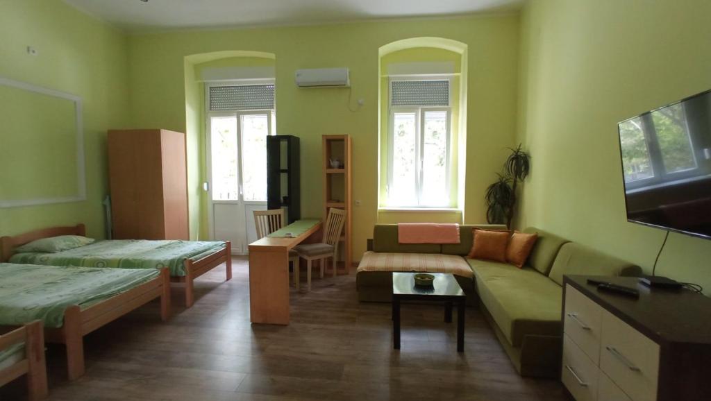 een woonkamer met een bank en een tv bij Apartment Kiki in Novi Sad