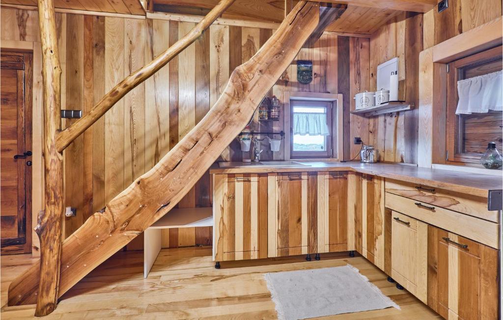 a kitchen with wooden walls and a wooden staircase at Beautiful Home In Kraljev Vrh With Wifi in Kraljev Vrh