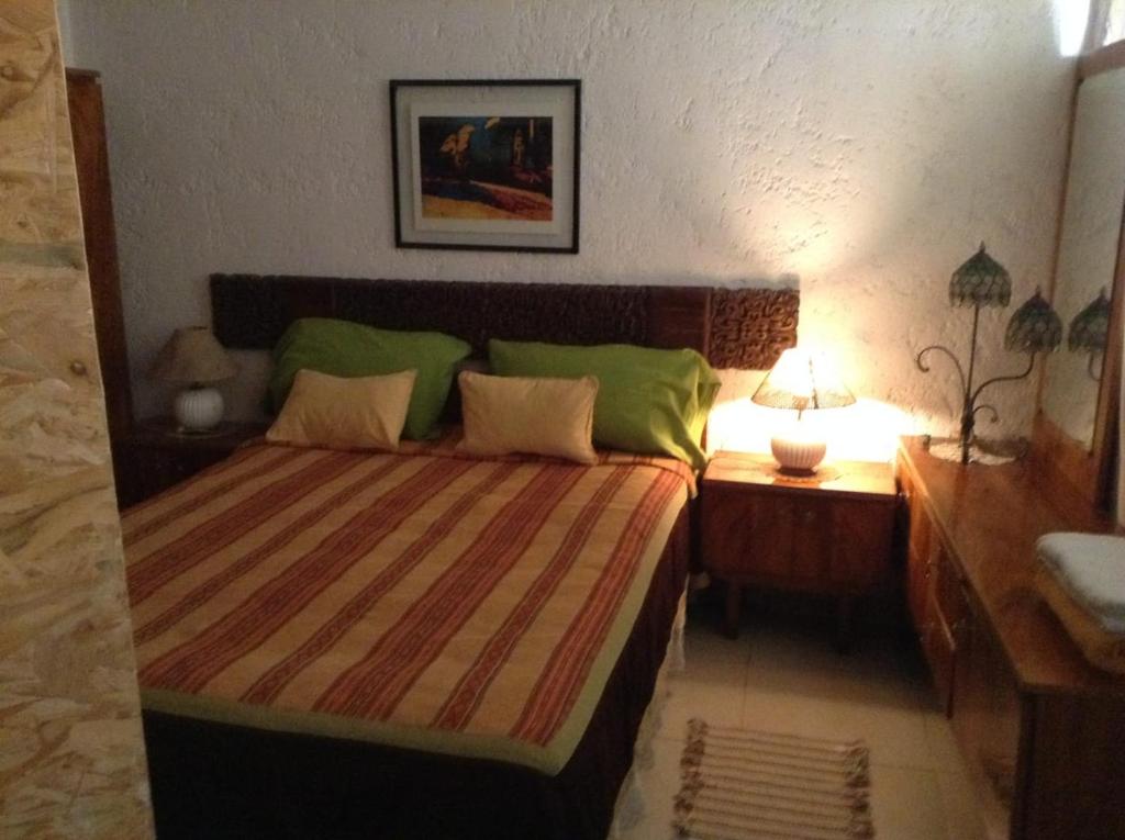 una camera da letto con un letto con cuscini verdi di Departamento frente a Parque Cívico a Mendoza