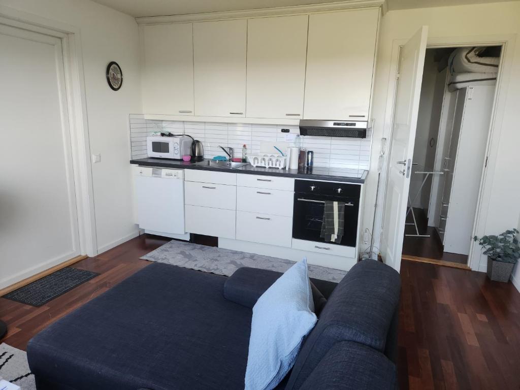 ein Wohnzimmer mit einem Sofa und einer Küche in der Unterkunft GJERDRUM/ OSLO RESIDENTS HOSTED BY FELIX in Gjerdrum