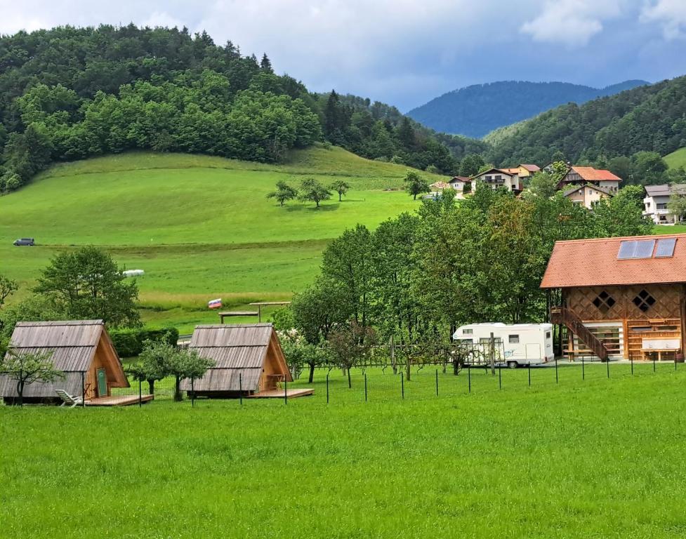 a green field with houses and a hill at Glamping - Kamp Steska in Žalec
