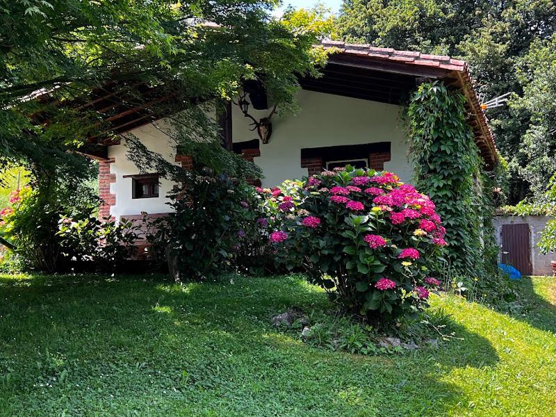 uma casa com flores cor-de-rosa em frente em Los Acebos de Pena Cabarga em Sobremazas