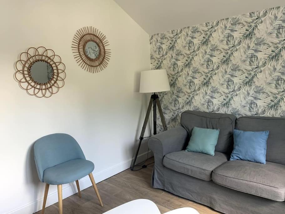 un salon avec un canapé et un miroir dans l'établissement Le Nid des Fées appartement T3 rénové accès jardin, à La Bourboule