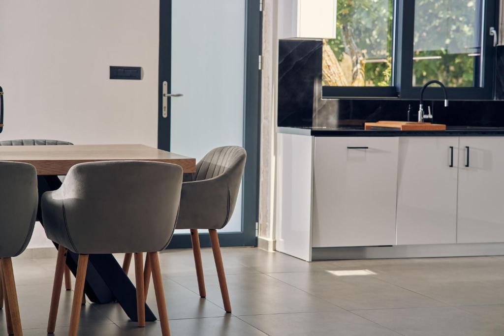 a kitchen with a table and chairs and a sink at Mouzaki's Stone Villas in Volímai