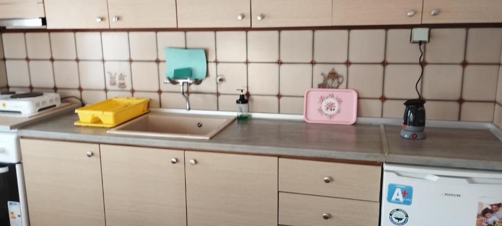 encimera de cocina con fregadero y teléfono en Vila marmelada en Leptokarya