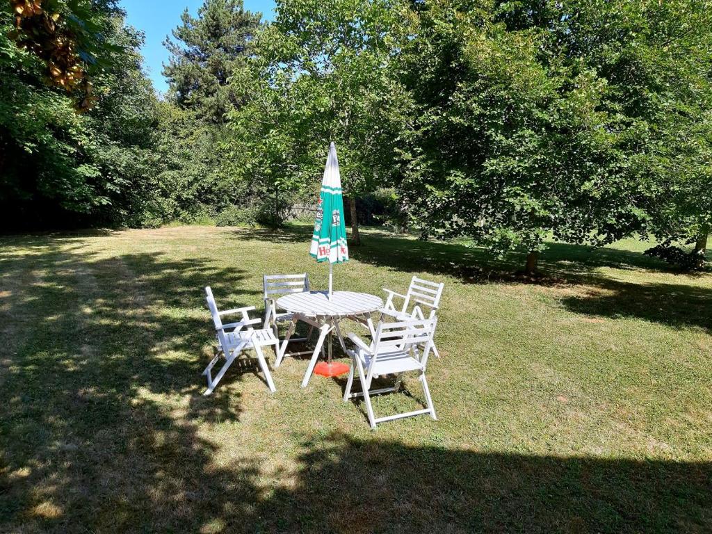 a table and chairs with an umbrella in the grass at Wisteria Cottage in Les Adjots