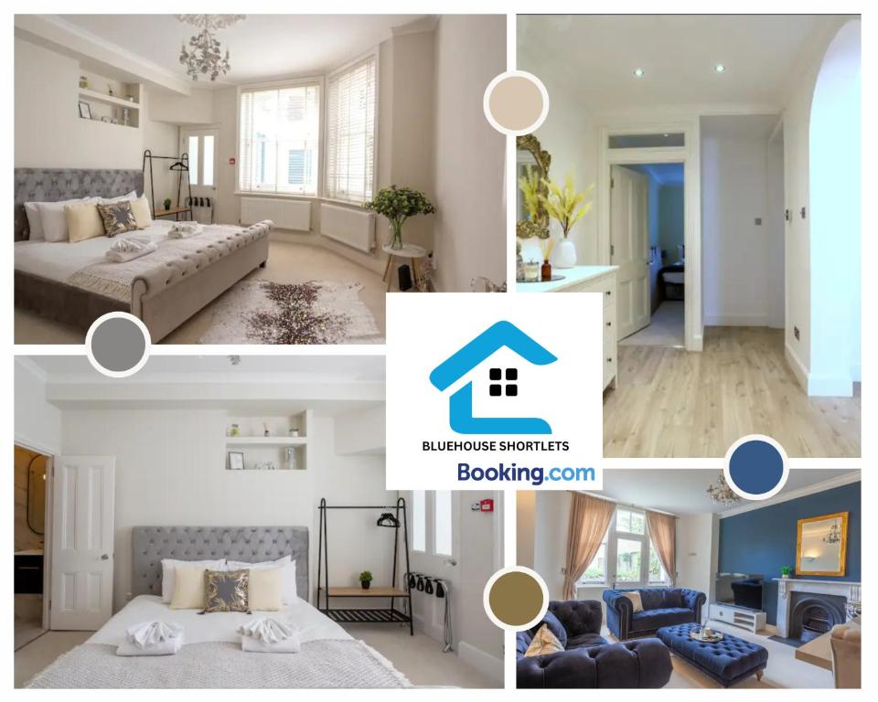 un collage de fotos de un dormitorio y una sala de estar en Three Bedroom Apartment At Bluehouse Short Lets Brighton With Garden Family Leisure, en Brighton & Hove