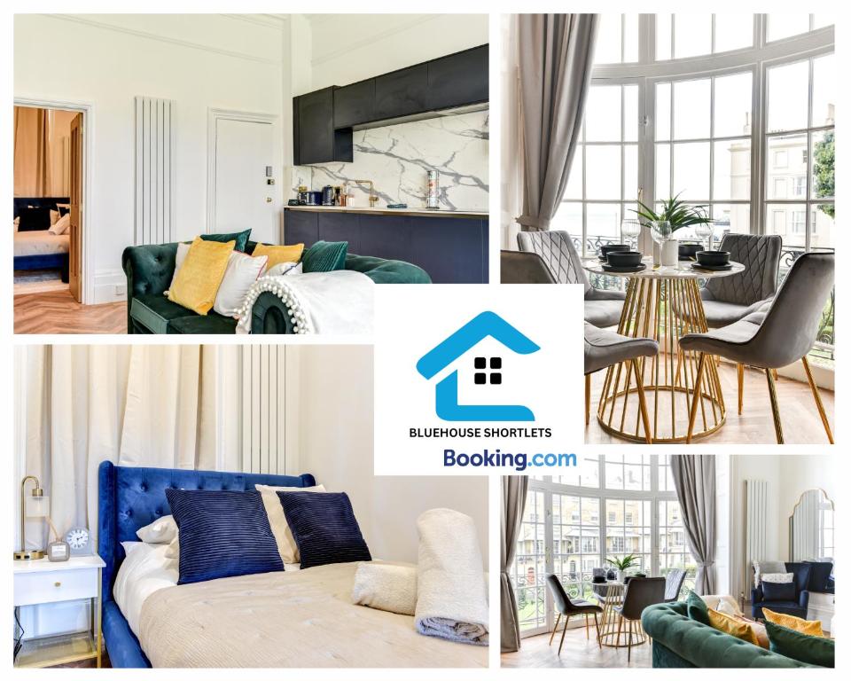 un collage di foto di un soggiorno e di una camera da letto di Seaside Apartment By Bluehouse Short Lets Brighton With Stunning Views Leisure Family a Brighton & Hove
