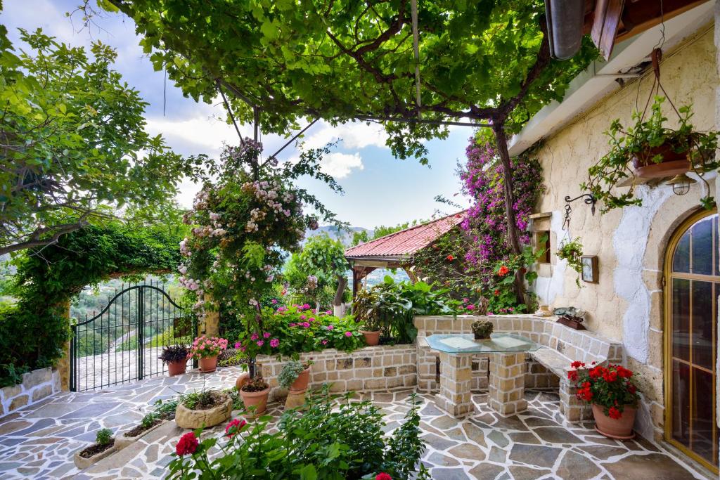 Mathés的住宿－Villa Kapasa，一座花园,里面设有桌子和许多盆栽植物