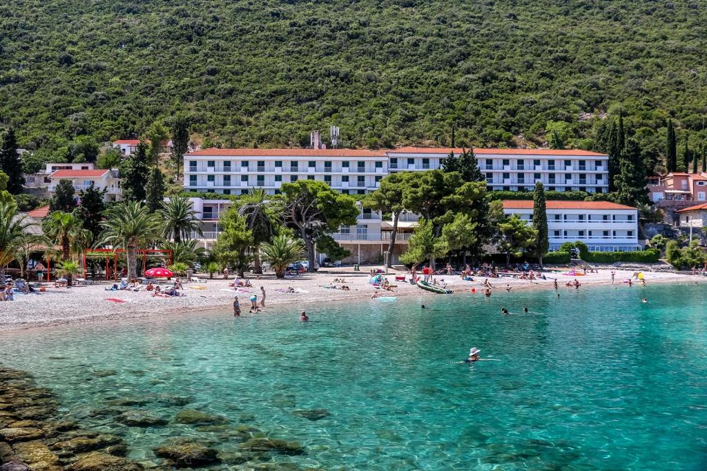 eine Gruppe von Menschen im Wasser an einem Strand in der Unterkunft Hotel Faraon in Trpanj