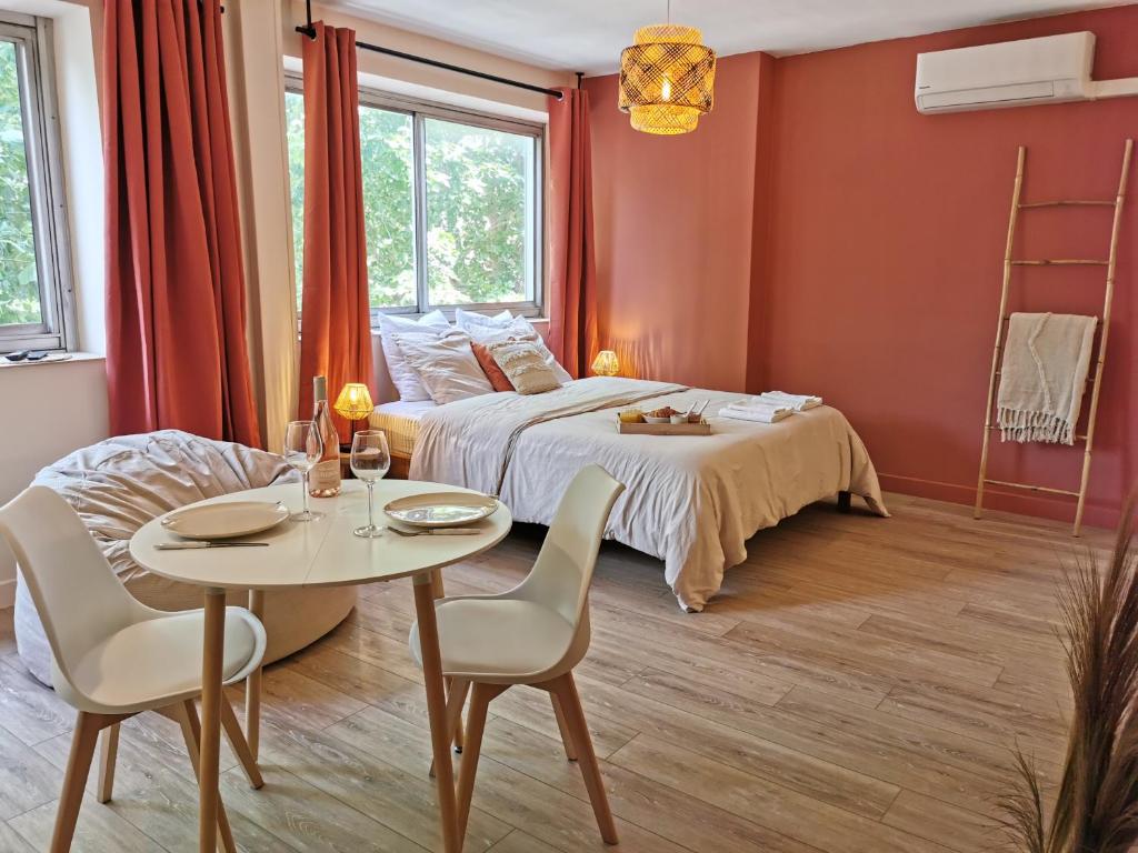 um quarto com uma cama, uma mesa e cadeiras em Studio confort - clim - ascenseur em Cavaillon