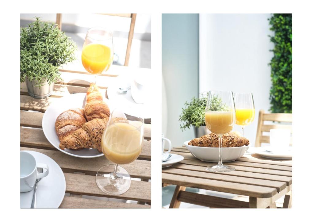 two pictures of glasses of orange juice and croissants on a table at Karma Famara 2 25m del mar in Famara