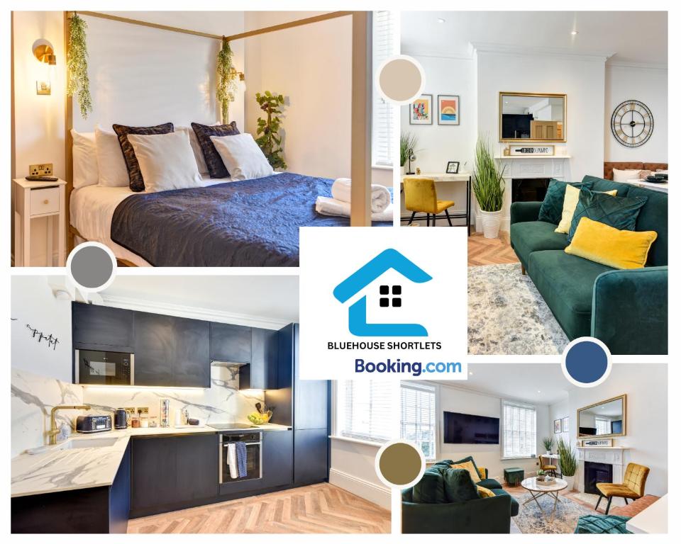 een collage van foto's van een slaapkamer en een woonkamer bij Ideal Weekly and Short Stay with Seaview in Brighton by Bluehouse Shortlets in Brighton & Hove