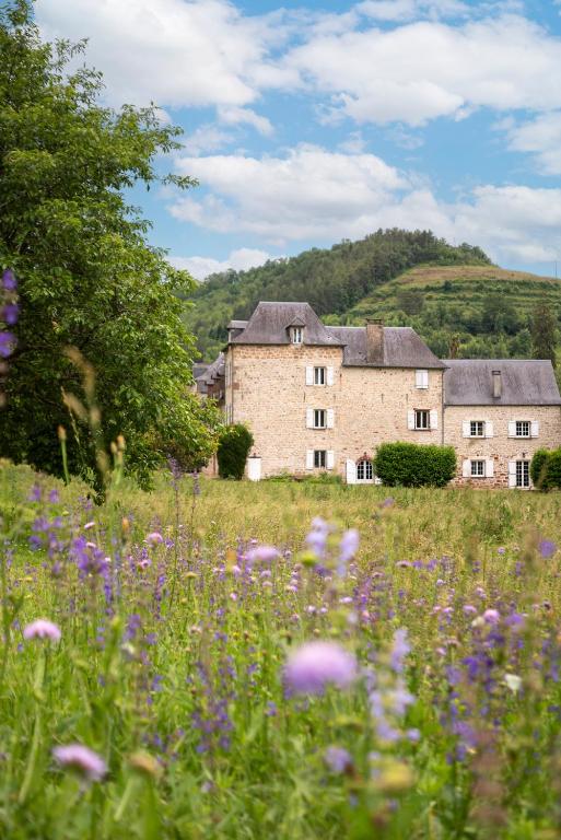 an old building in a field with purple flowers at La Demeure du Comte in Marcillac-Vallon