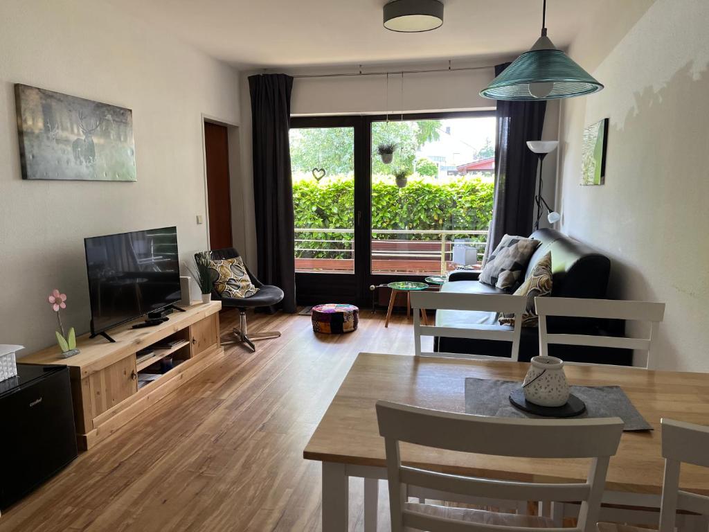 a living room with a couch and a tv at Apart Inn Feldstrasse in Winterberg