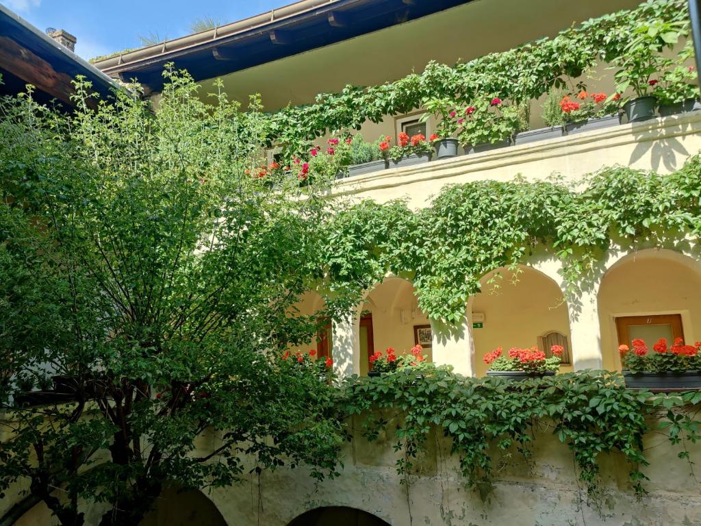 un bâtiment avec des boîtes de fleurs sur son côté dans l'établissement Gästehaus Einzinger, à Krems an der Donau
