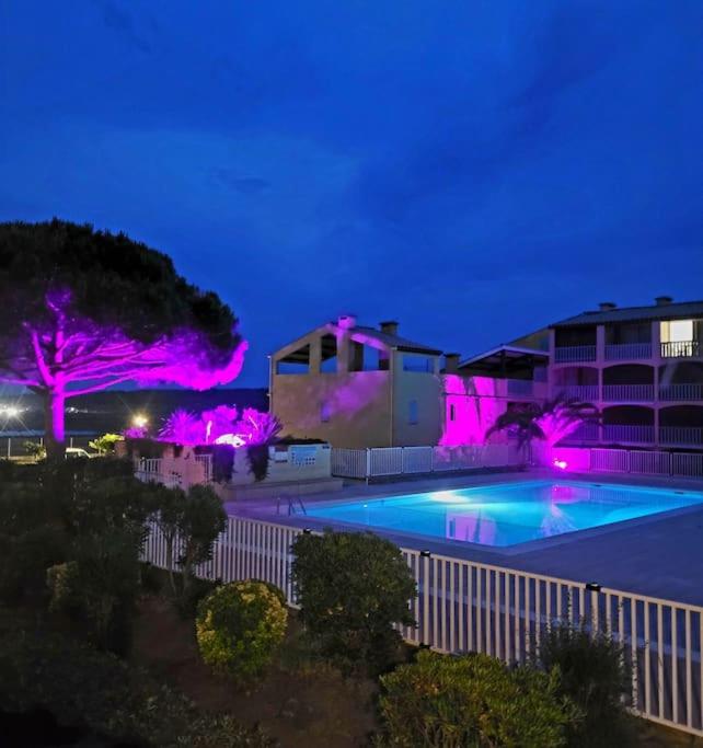 - une piscine avec des lumières roses la nuit dans l'établissement Studio Gruissan, à Gruissan