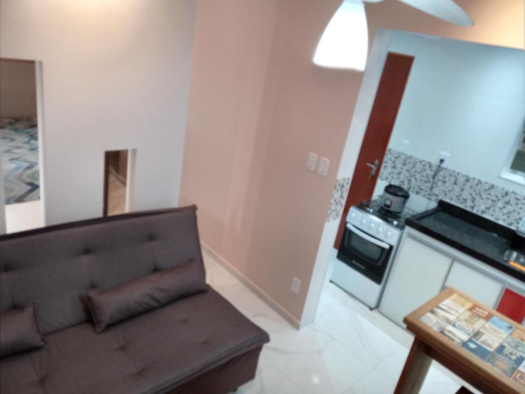 a living room with a couch and a stove at Apartamento Lindíssimo e Moderno próximo a praia in Praia Grande
