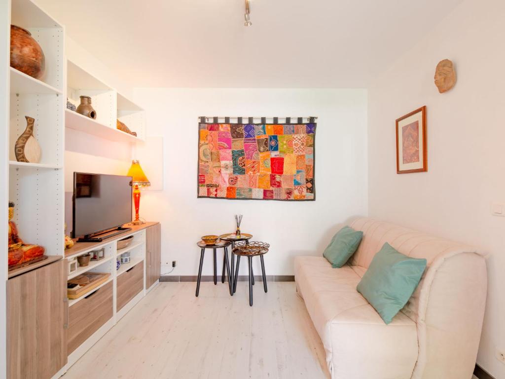 un salon avec un canapé et une télévision dans l'établissement Apartment Le Mas Kilou by Interhome, à Saint-Aygulf