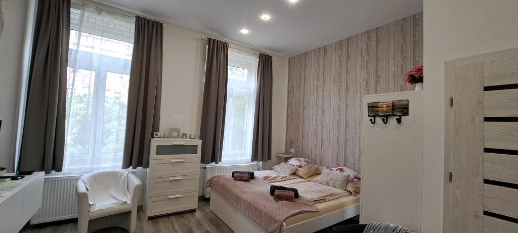 1 dormitorio con 1 cama con vestidor y ventanas en Pompár Belvárosi Apartman, en Szeged