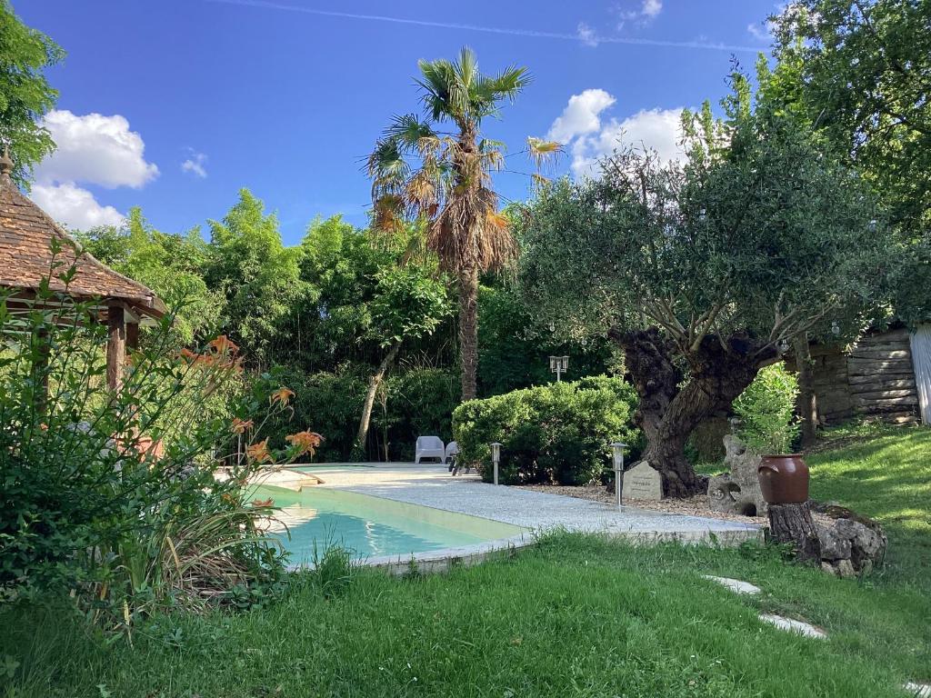 a swimming pool in a yard with a palm tree at Gite l’Oasis in Astaffort