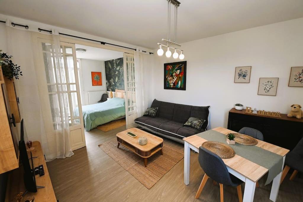 sala de estar con sofá y mesa en Appartement 2 à 4 pers cosy à proximité du centre en Bagnères-de-Bigorre