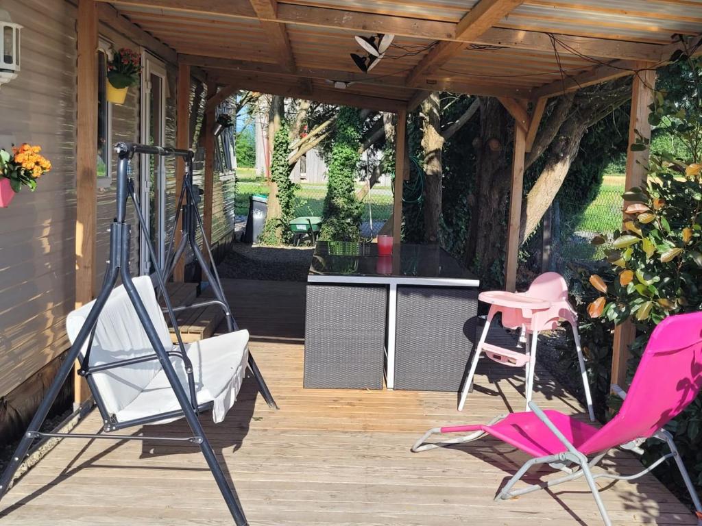 Maringues的住宿－Herbes de Pampa，庭院配有2把粉红色的椅子和桌子