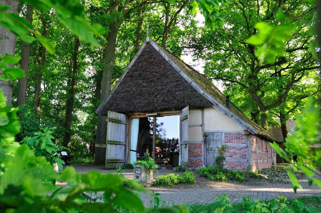 een klein huis midden in het bos bij De Schaapskooi in Hezingen
