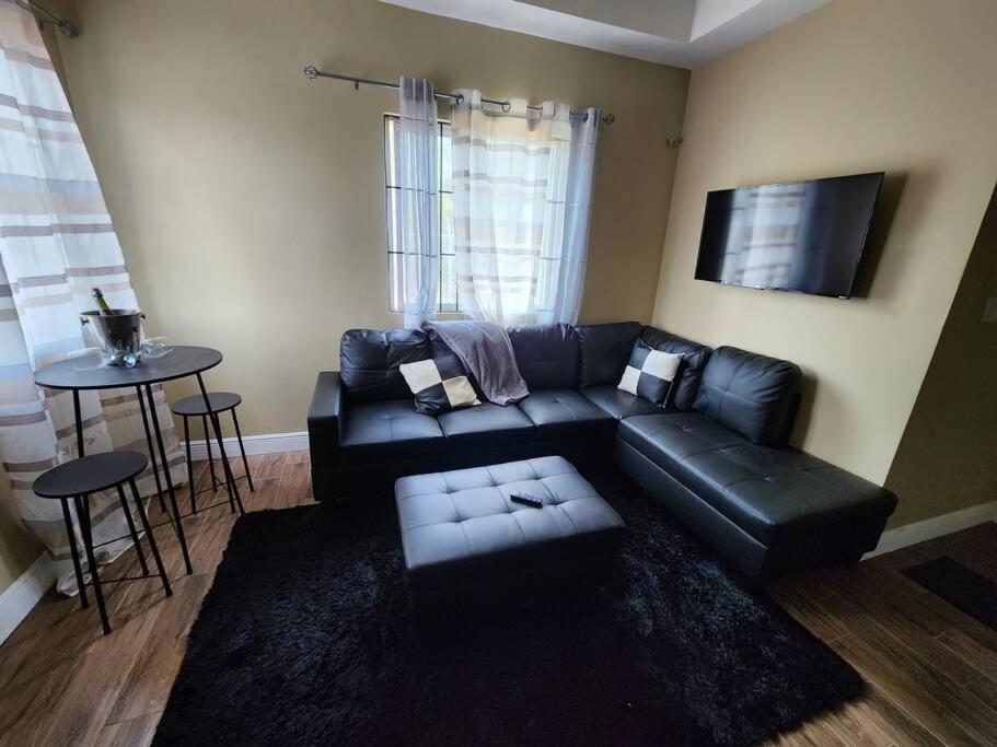StoneSide Villa في بروفيدنسياليس: غرفة معيشة مع أريكة جلدية سوداء وطاولة