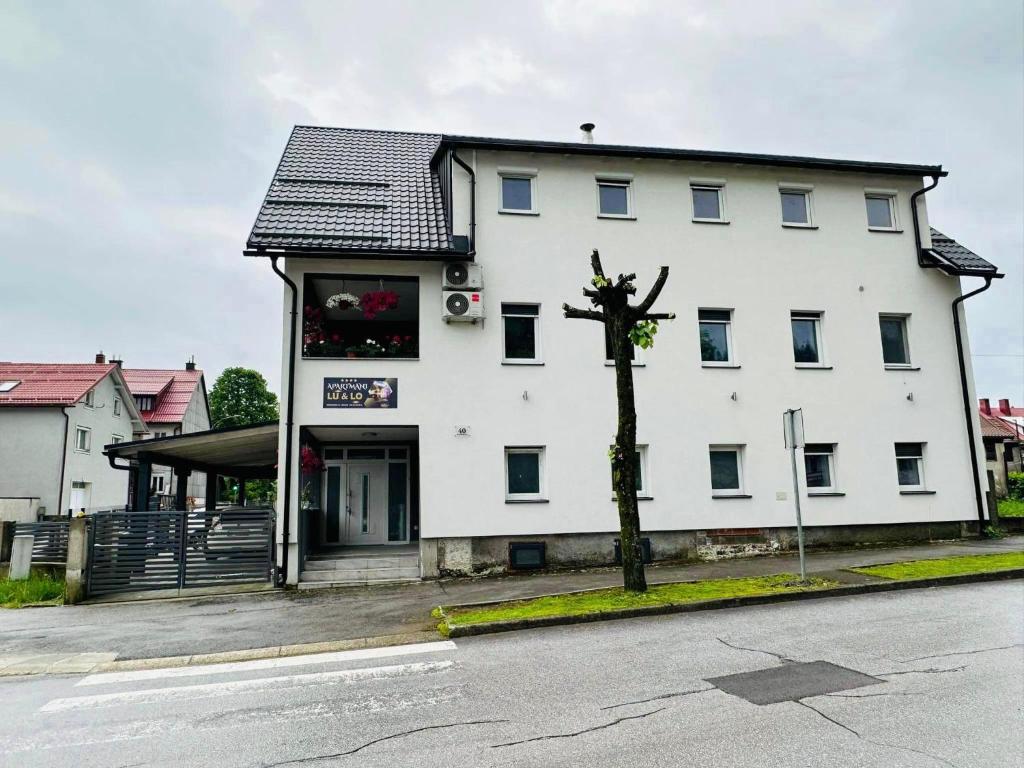 a large white building on the side of a street at Apartmani LU&LO in Delnice