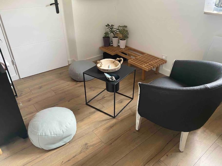 een woonkamer met 2 stoelen en een tafel bij Logement près des vignes in Crozes-Hermitage