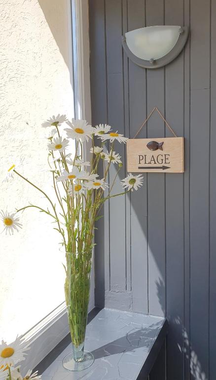 un vase avec des fleurs sur un rebord de fenêtre et un signe de place dans l'établissement Gîte Au café des marguerites, à Plounévez-Lochrist