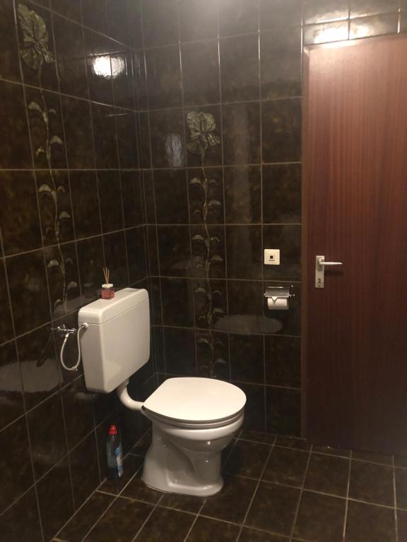 a bathroom with a toilet and a black tiled wall at Holmes Café & Pension in Engelhartszell