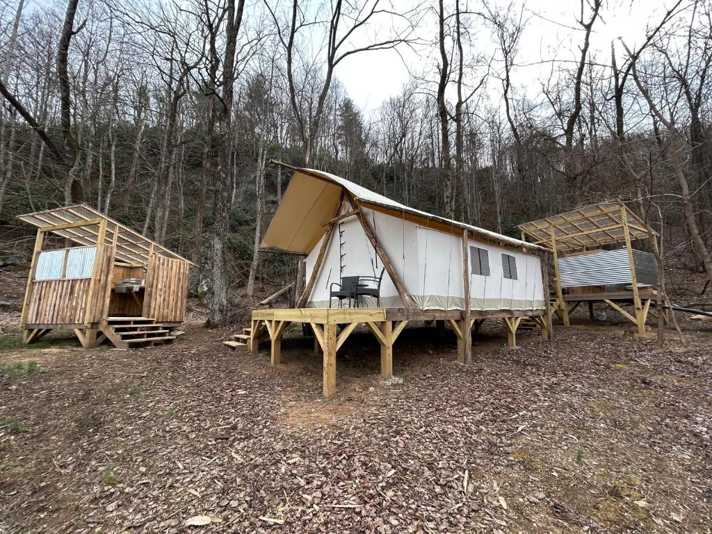 a group of three huts in the woods at Growing Faith Farms in Moravian Falls