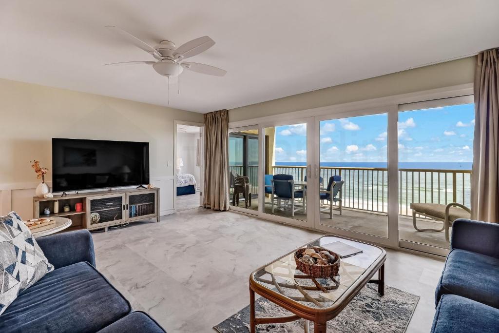 a living room with a view of the ocean at Oceanfront w Beach Access in Amelia Island