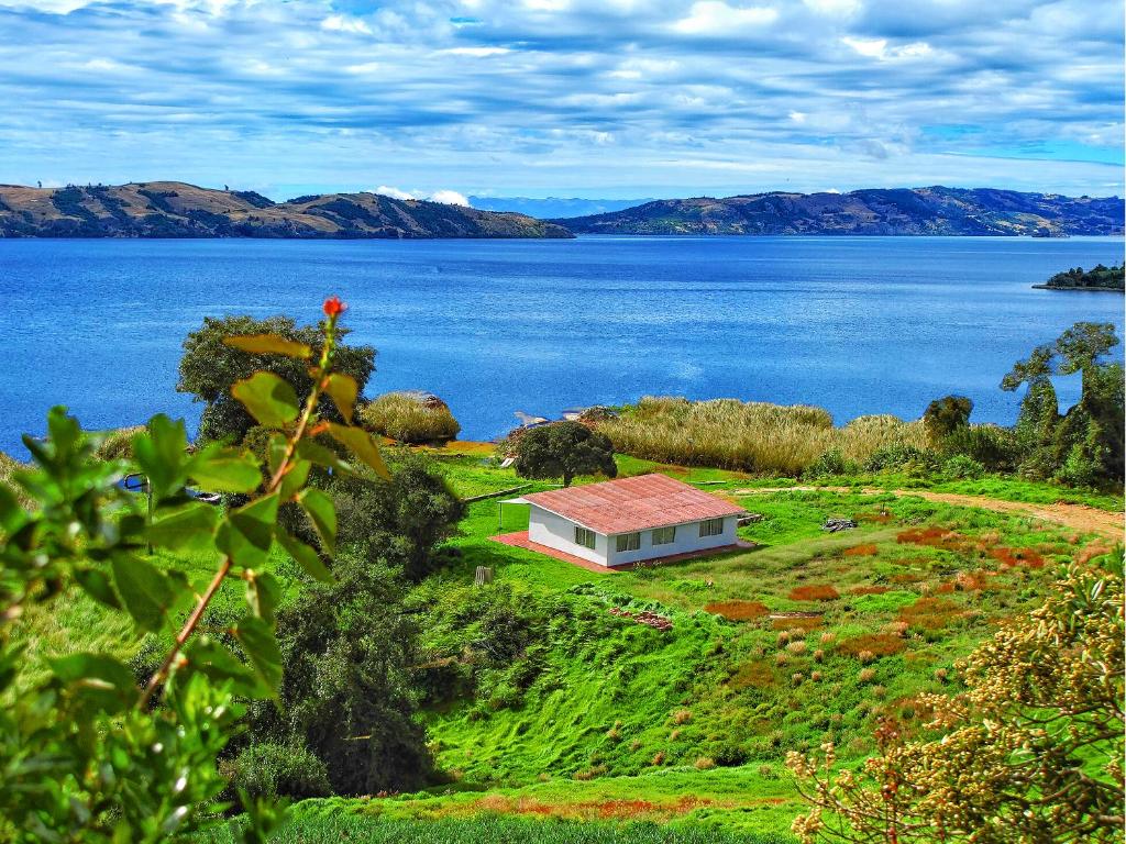 Finca La Piedra في أكيتانيا: منزل على حقل بجوار كمية كبيرة من المياه