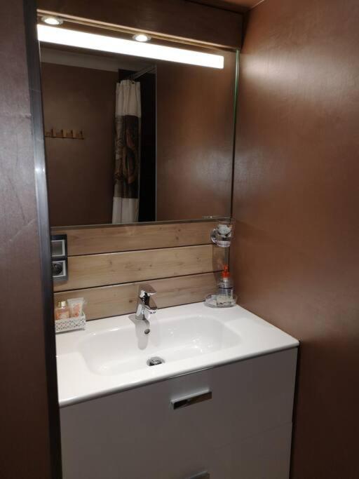 a bathroom with a sink and a mirror at Villa 10 p.Brando 170 m2 vue mer panoramique in Brando