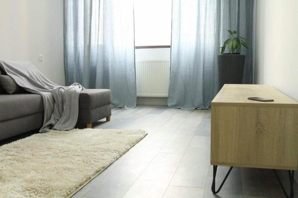 Апартаменты на Сабуртало في تبليسي: غرفة معيشة مع أريكة وطاولة ونافذة