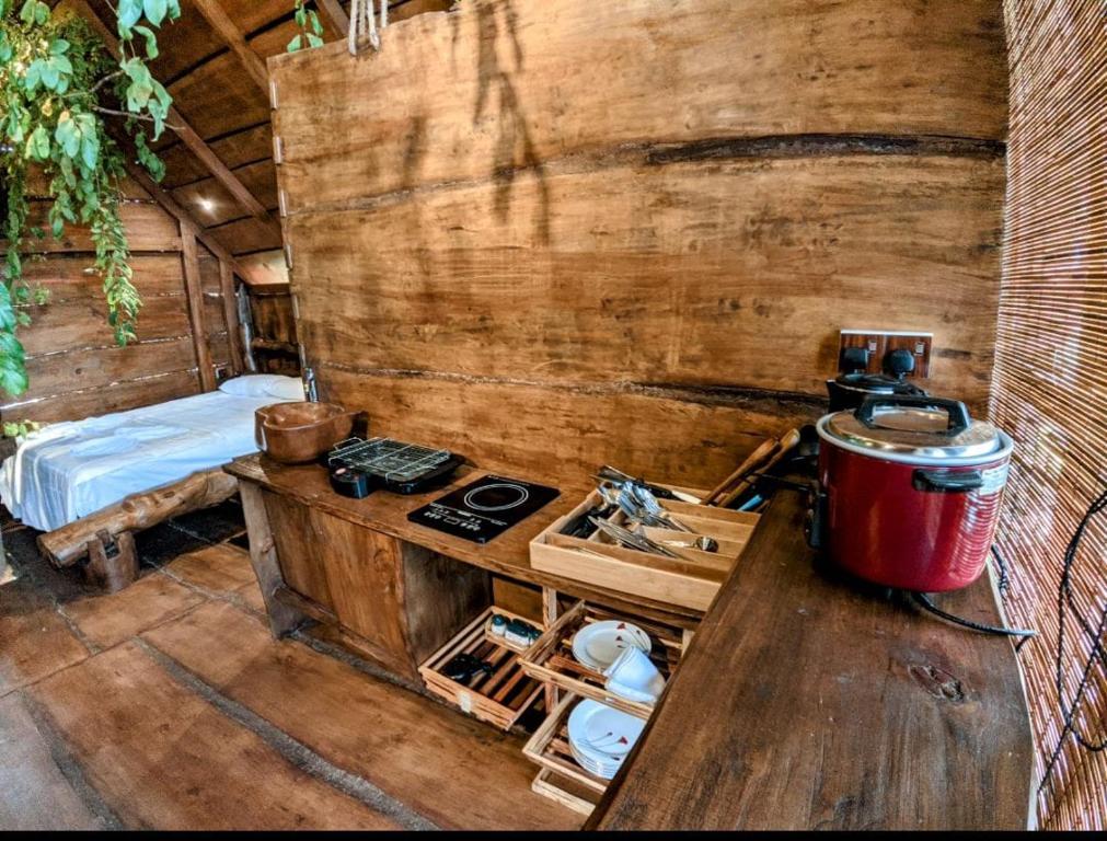 a kitchen with a stove and a bed in a room at Kale Cottage Belihuloya in Belihul Oya