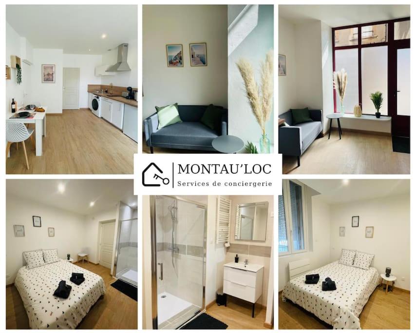 a collage of photos of a living room and a bedroom at Le naturel in Caussade