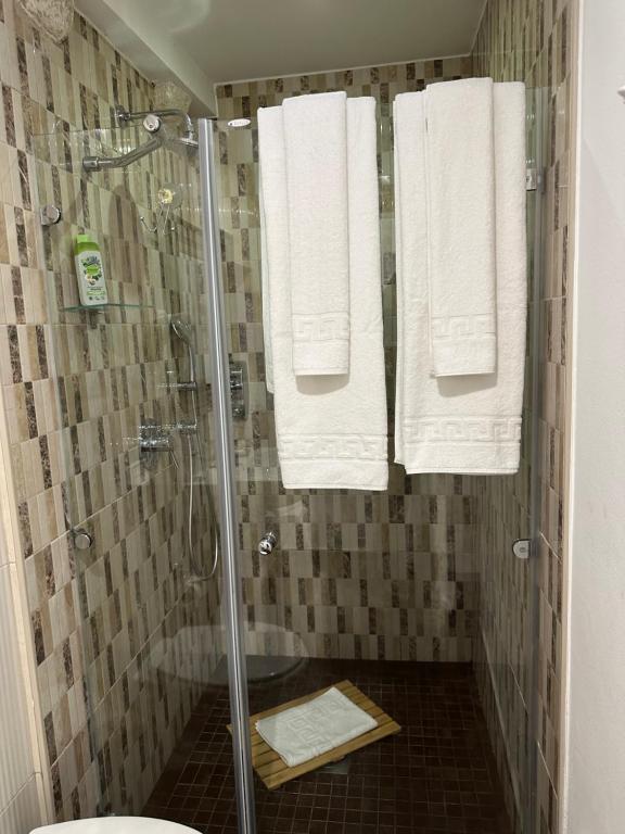 een badkamer met een douche, handdoeken en een toilet bij Apartment Banovac 1 in Dubrovnik