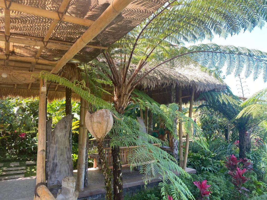 a garden with a hut with a palm tree at Lembah Cinta Mayungan in Baturiti