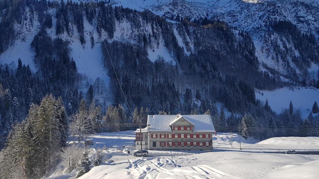 a building in the snow with a mountain in the background at Landhaus Bad Hopfreben in Schoppernau