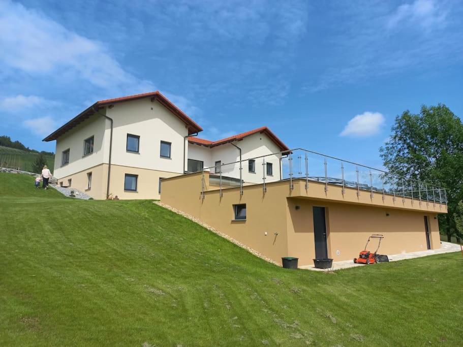 a house on top of a grassy hill at Haus Sylvia in Frutten
